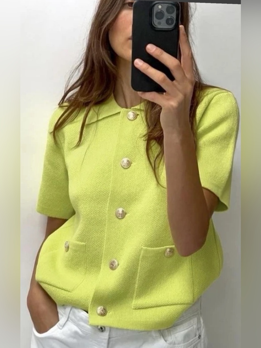 Absolutely lovely lime knit short sleeves trendy cardigan with pockets, buttons